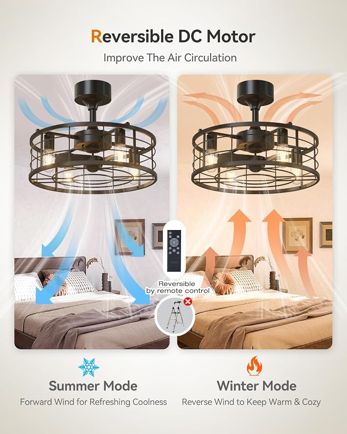 20" Black Caged Ceiling Fan with Lights, Fandelier Fan with Remote, 6 Speeds & Timer, Farmhouse Downrod Mount Bladeless