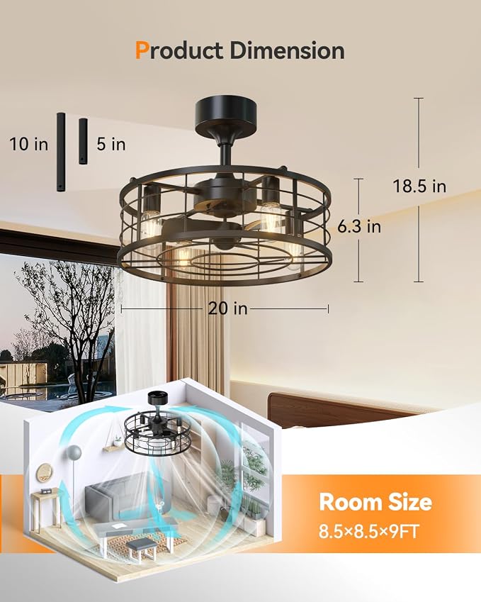 20" Black Caged Ceiling Fan with Lights, Fandelier Fan with Remote, 6 Speeds & Timer, Farmhouse Downrod Mount Bladeless