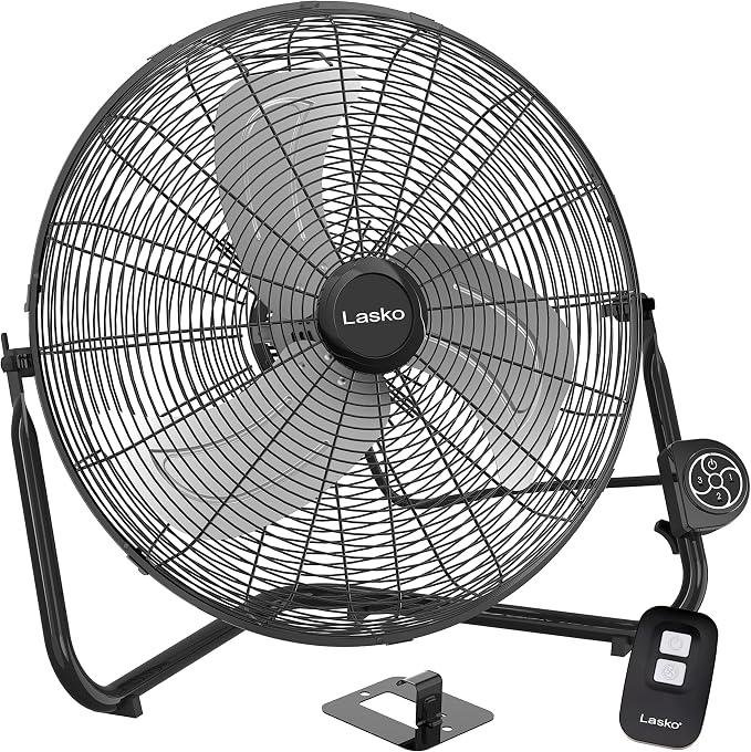 20" Black High Velocity Wall Mount Fan with Pivoting Head - 3 Speeds, Remote Control, Ideal Wall Mount Fan or Floor Fan for