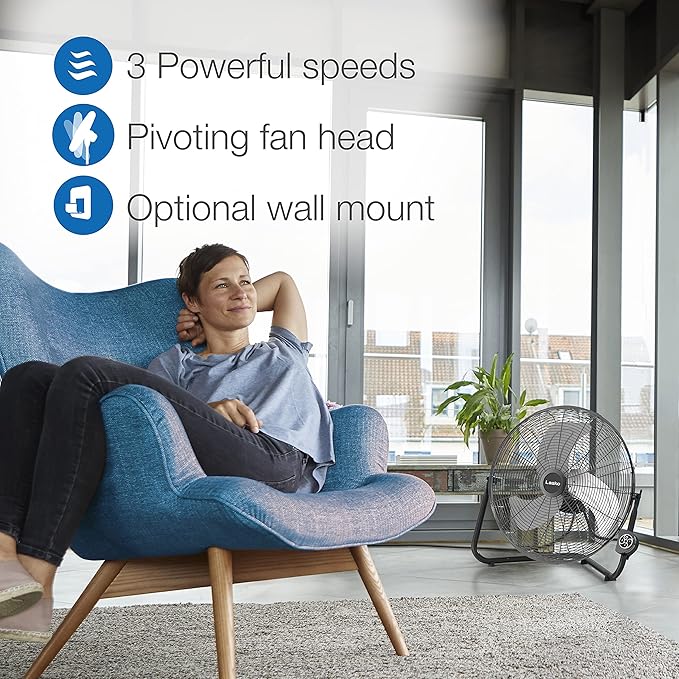 20" Black High Velocity Wall Mount Fan with Pivoting Head - 3 Speeds, Remote Control, Ideal Wall Mount Fan or Floor Fan for