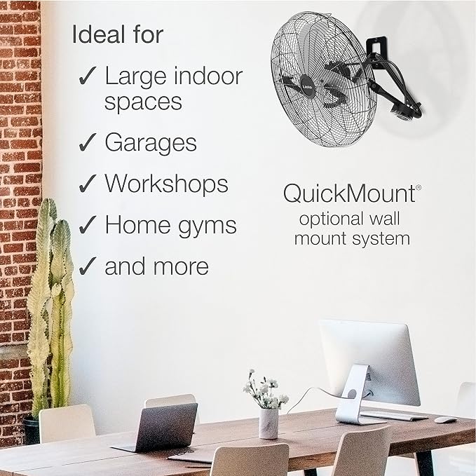 20" Black High Velocity Wall Mount Fan with Pivoting Head - 3 Speeds, Remote Control, Ideal Wall Mount Fan or Floor Fan for