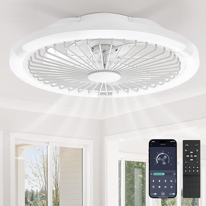 20" Bladeless Ceiling Fan with Light,Low Profile LED Ceiling Fans with Remote & Smart APP Control,Modern Enclosed Flush Mount