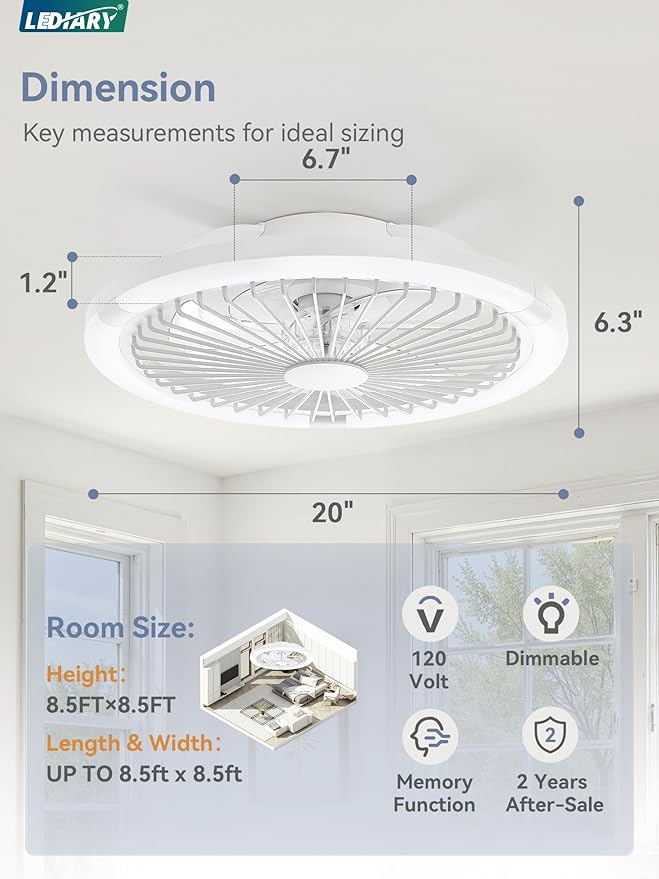 20" Bladeless Ceiling Fan with Light,Low Profile LED Ceiling Fans with Remote & Smart APP Control,Modern Enclosed Flush Mount