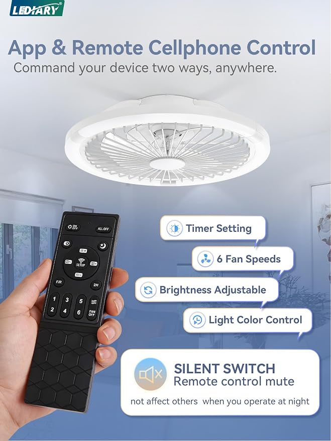 20" Bladeless Ceiling Fan with Light,Low Profile LED Ceiling Fans with Remote & Smart APP Control,Modern Enclosed Flush Mount