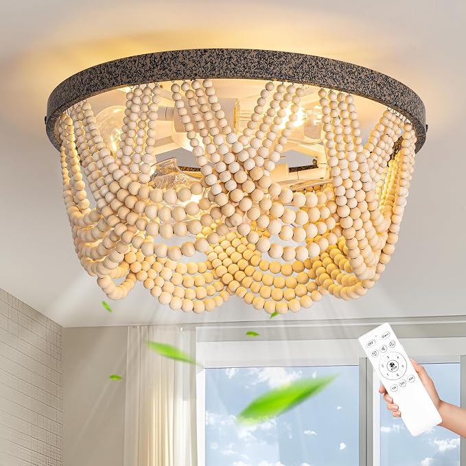 20" Boho Ceiling Fan with Light, Bohemian Caged Ceiling Fan with Lights and Remote Control, Wood Beaded Flush Mount with