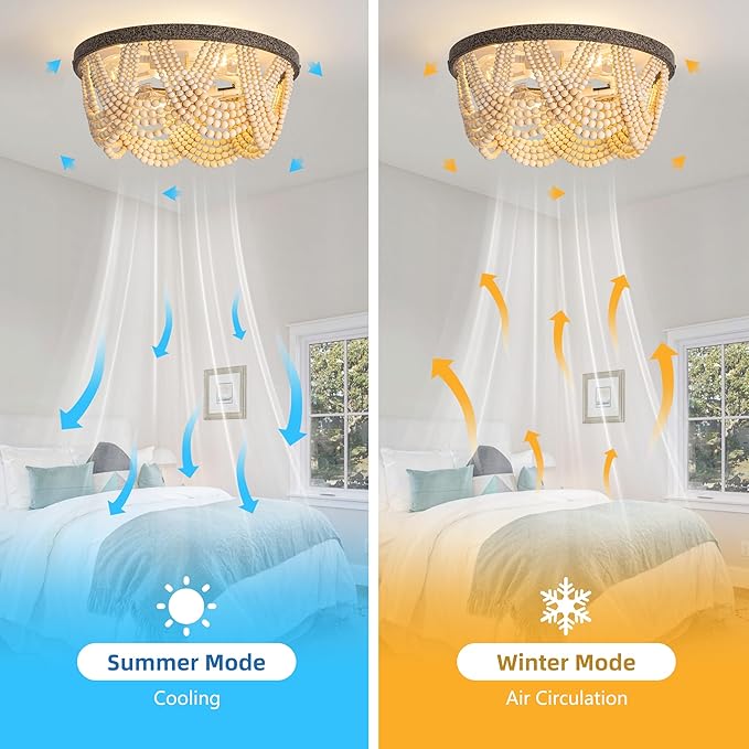 20" Boho Ceiling Fan with Light, Bohemian Caged Ceiling Fan with Lights and Remote Control, Wood Beaded Flush Mount with
