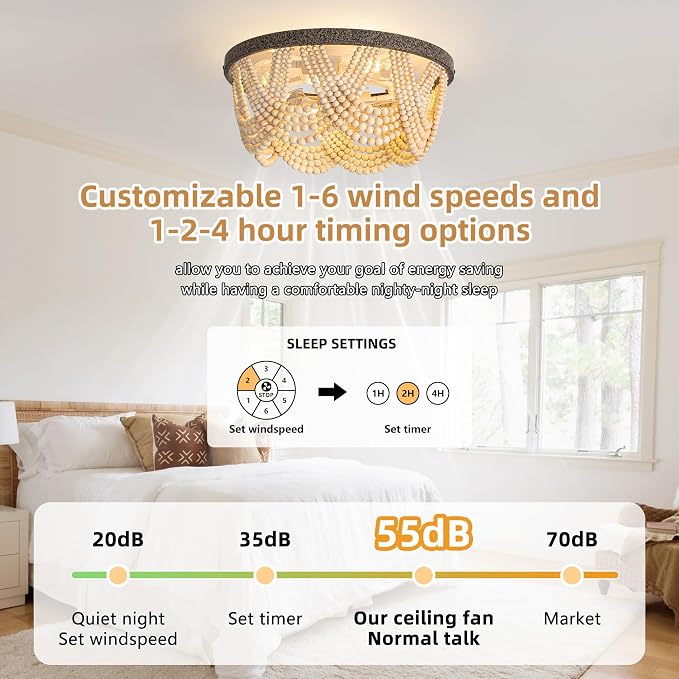 20" Boho Ceiling Fan with Light, Bohemian Caged Ceiling Fan with Lights and Remote Control, Wood Beaded Flush Mount with