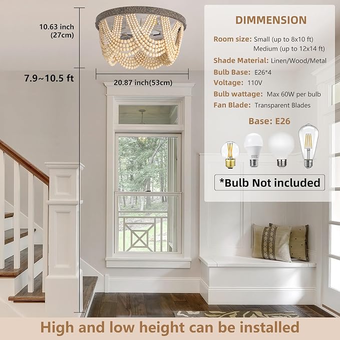 20" Boho Ceiling Fan with Light, Bohemian Caged Ceiling Fan with Lights and Remote Control, Wood Beaded Flush Mount with