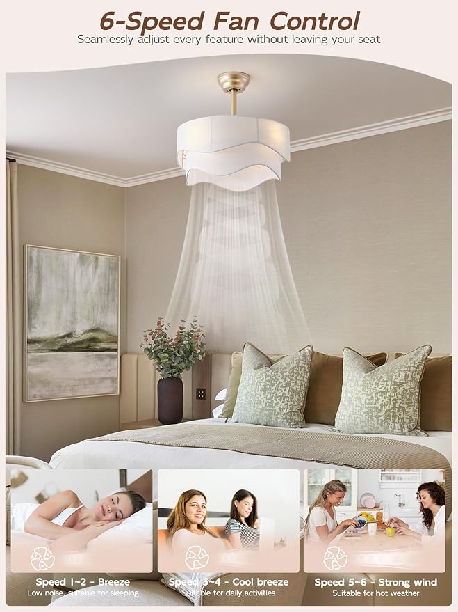 20" Boho Fandelier Ceiling Fans with Lights, Gold Fandelier Ceiling Fans with Light Remote Control, Fabric 6 Speeds