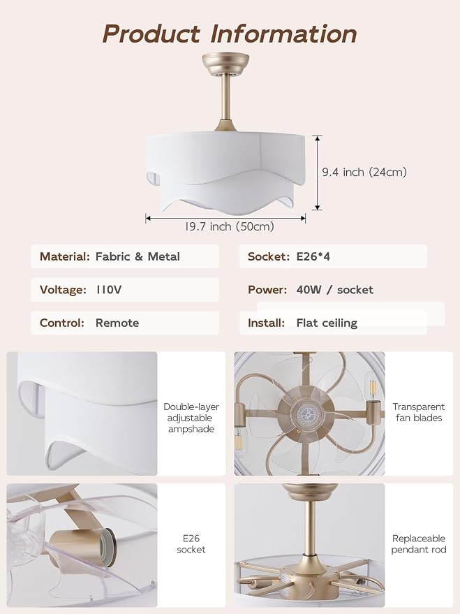 20" Boho Fandelier Ceiling Fans with Lights, Gold Fandelier Ceiling Fans with Light Remote Control, Fabric 6 Speeds