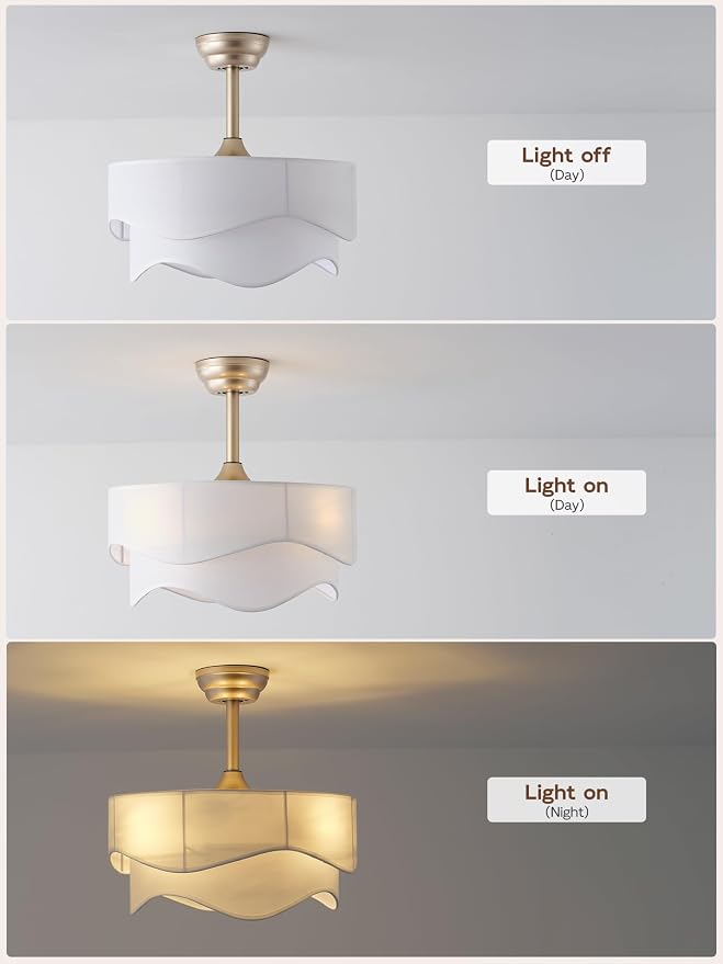 20" Boho Fandelier Ceiling Fans with Lights, Gold Fandelier Ceiling Fans with Light Remote Control, Fabric 6 Speeds
