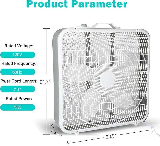 20'' Box Fan, 3-Speed Cooling Floor Fan with Aerodynamic Shaped Fan Blades, alternate product view 6
