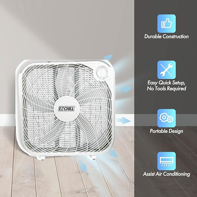 20" Box Fan, 3 Speed Ful Force Air Circulation, Ideal for Home, Bedroom, & Office, White, alternate product view 2