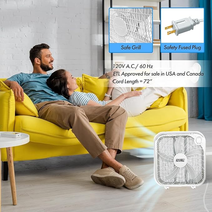 20" Box Fan, 3 Speed Ful Force Air Circulation, Ideal for Home, Bedroom, & Office, White, alternate product view 4