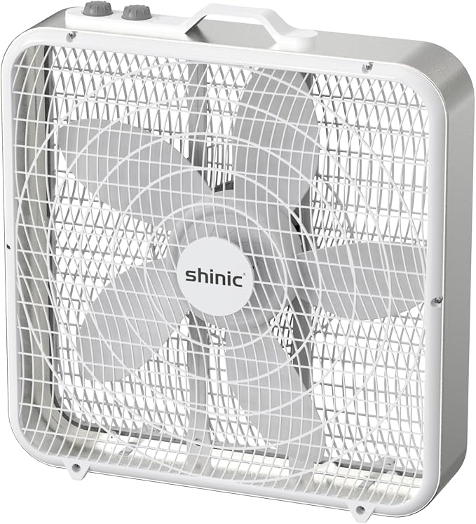 20” Box Fan with Thermostat for Bedroom, 3-Speed Portable Fan with Carry Handle, Powerful Airflow, 5 Blades, Window Fan and