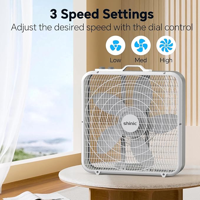 20” Box Fan with Thermostat for Bedroom, 3-Speed Portable Fan with Carry Handle, Powerful Airflow, 5 Blades, Window Fan and