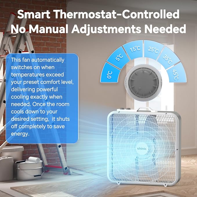 20” Box Fan with Thermostat for Bedroom, 3-Speed Portable Fan with Carry Handle, Powerful Airflow, 5 Blades, Window Fan and