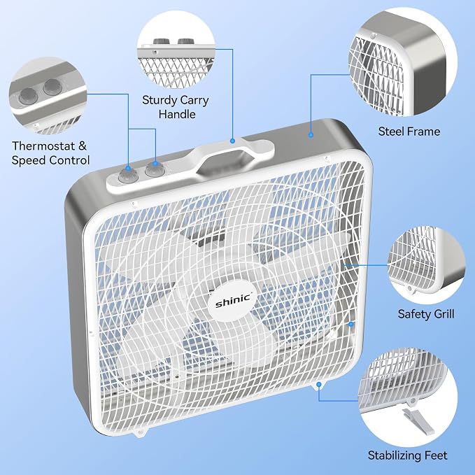 20” Box Fan with Thermostat for Bedroom, 3-Speed Portable Fan with Carry Handle, Powerful Airflow, 5 Blades, Window Fan and