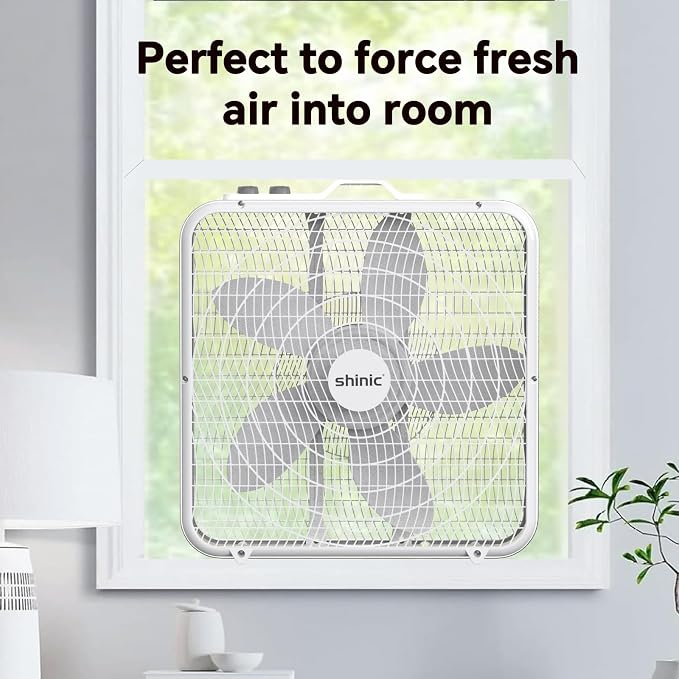 20” Box Fan with Thermostat for Bedroom, 3-Speed Portable Fan with Carry Handle, Powerful Airflow, 5 Blades, Window Fan and