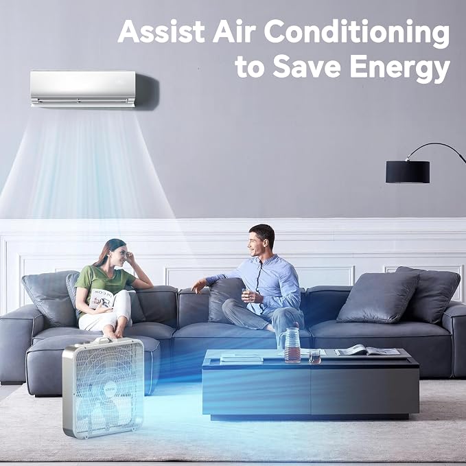 20” Box Fan with Thermostat for Bedroom, 3-Speed Portable Fan with Carry Handle, Powerful Airflow, 5 Blades, Window Fan and