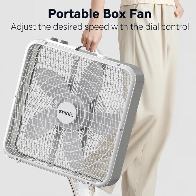 20” Box Fan with Thermostat for Bedroom, 3-Speed Portable Fan with Carry Handle, Powerful Airflow, 5 Blades, Window Fan and