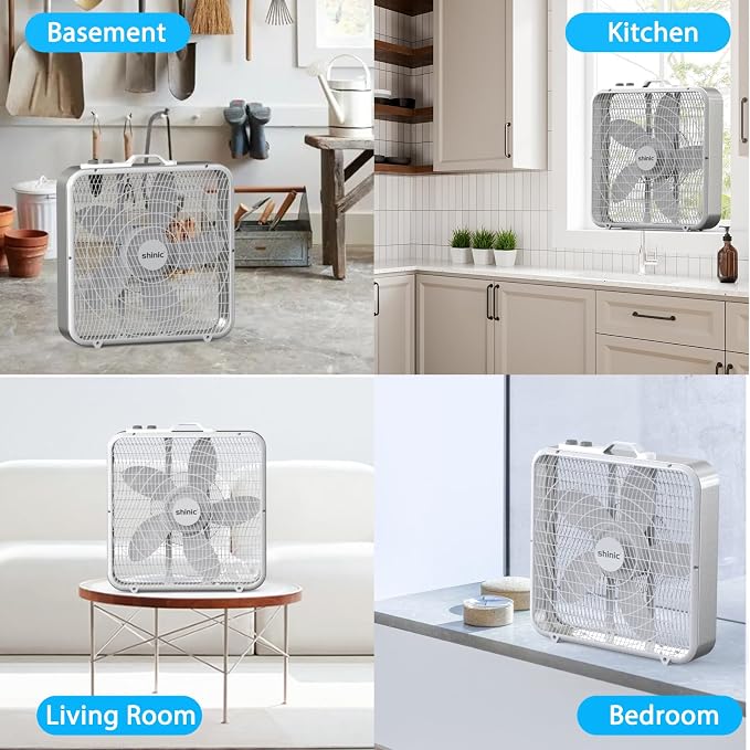20” Box Fan with Thermostat for Bedroom, 3-Speed Portable Fan with Carry Handle, Powerful Airflow, 5 Blades, Window Fan and