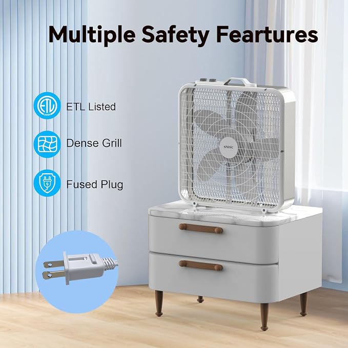 20” Box Fan with Thermostat for Bedroom, 3-Speed Portable Fan with Carry Handle, Powerful Airflow, 5 Blades, Window Fan and