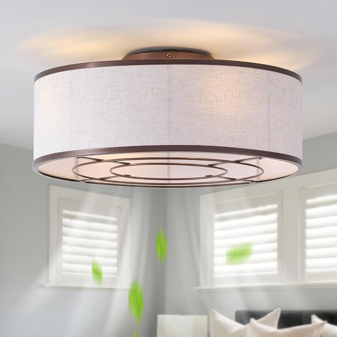 20" Brown Ceiling Fans with Lights, Boho Flush Mount Ceiling Fan with Light and Remote, Drum Fabric with 6 Speeds for