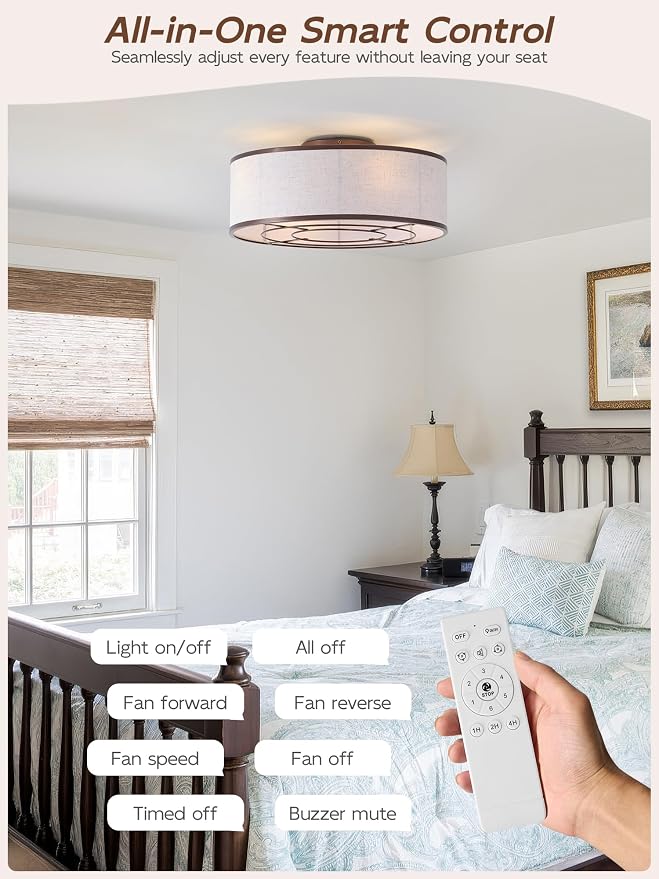 20" Brown Ceiling Fans with Lights, Boho Flush Mount Ceiling Fan with Light and Remote, Drum Fabric with 6 Speeds for