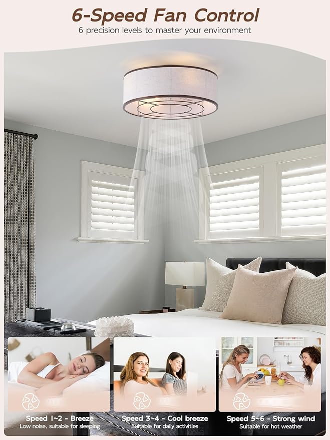 20" Brown Ceiling Fans with Lights, Boho Flush Mount Ceiling Fan with Light and Remote, Drum Fabric with 6 Speeds for