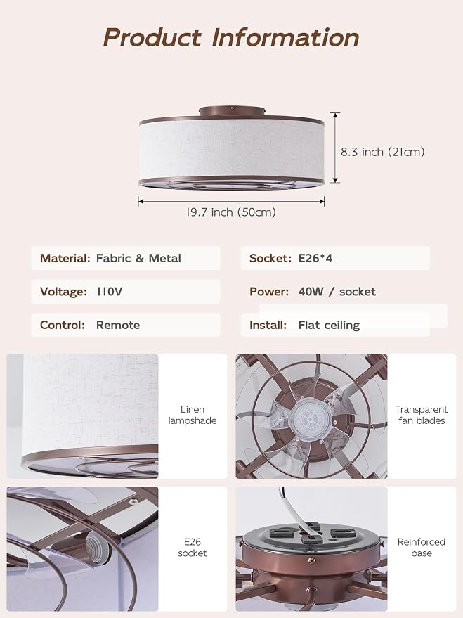 20" Brown Ceiling Fans with Lights, Boho Flush Mount Ceiling Fan with Light and Remote, Drum Fabric with 6 Speeds for