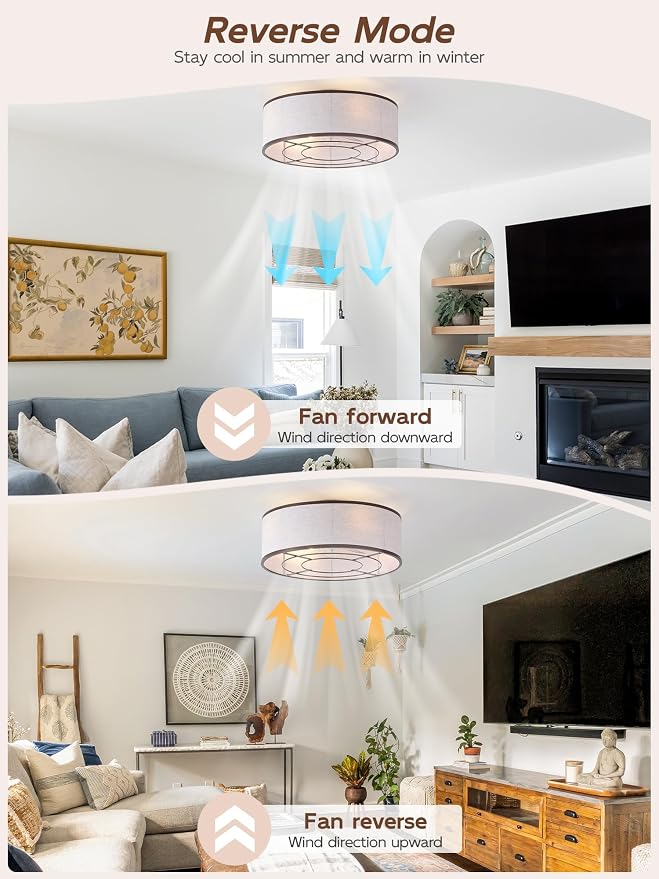 20" Brown Ceiling Fans with Lights, Boho Flush Mount Ceiling Fan with Light and Remote, Drum Fabric with 6 Speeds for