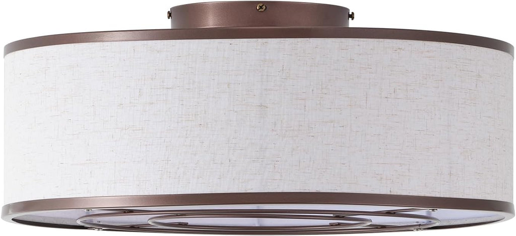 20" Brown Ceiling Fans with Lights, Boho Flush Mount Ceiling Fan with Light and Remote, Drum Fabric with 6 Speeds for