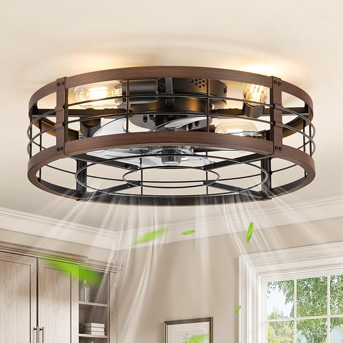 20" Caged Ceiling Fan with Light and Remote, Low Profile Flush Mount Fandelier, Walnut Bladeless Enclosed Small Fan Lights