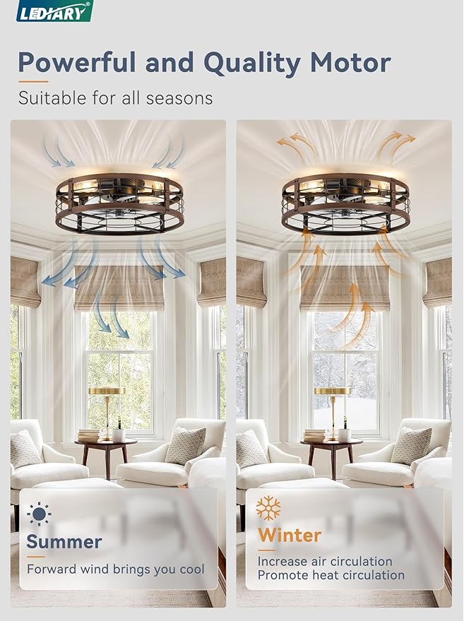 20" Caged Ceiling Fan with Light and Remote, Low Profile Flush Mount Fandelier, Walnut Bladeless Enclosed Small Fan Lights