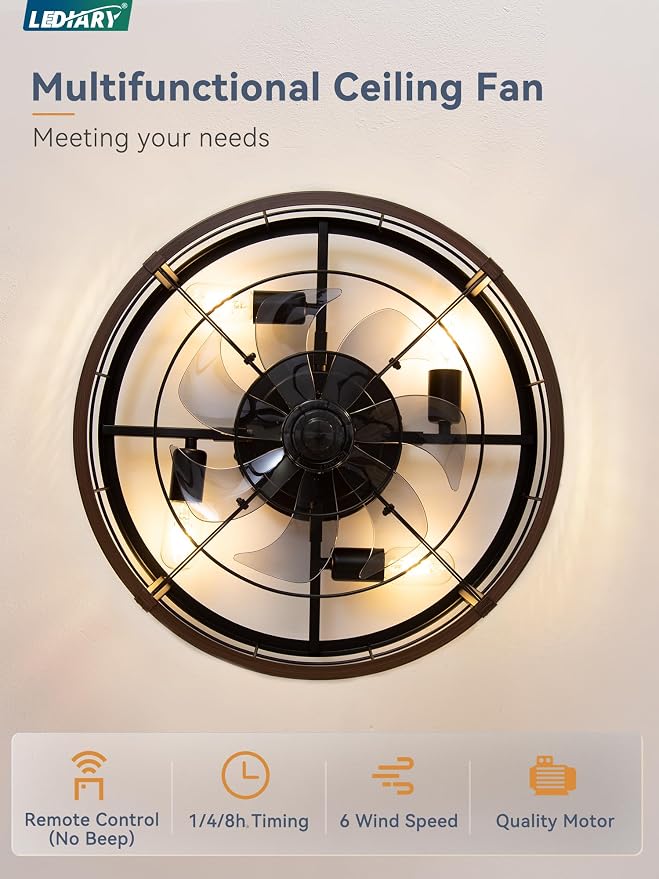 20" Caged Ceiling Fan with Light and Remote, Low Profile Flush Mount Fandelier, Walnut Bladeless Enclosed Small Fan Lights