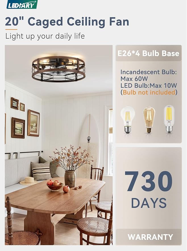 20" Caged Ceiling Fan with Light and Remote, Low Profile Flush Mount Fandelier, Walnut Bladeless Enclosed Small Fan Lights