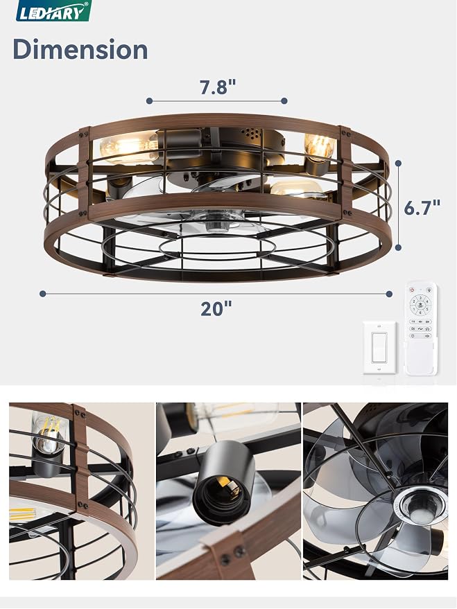 20" Caged Ceiling Fan with Light and Remote, Low Profile Flush Mount Fandelier, Walnut Bladeless Enclosed Small Fan Lights