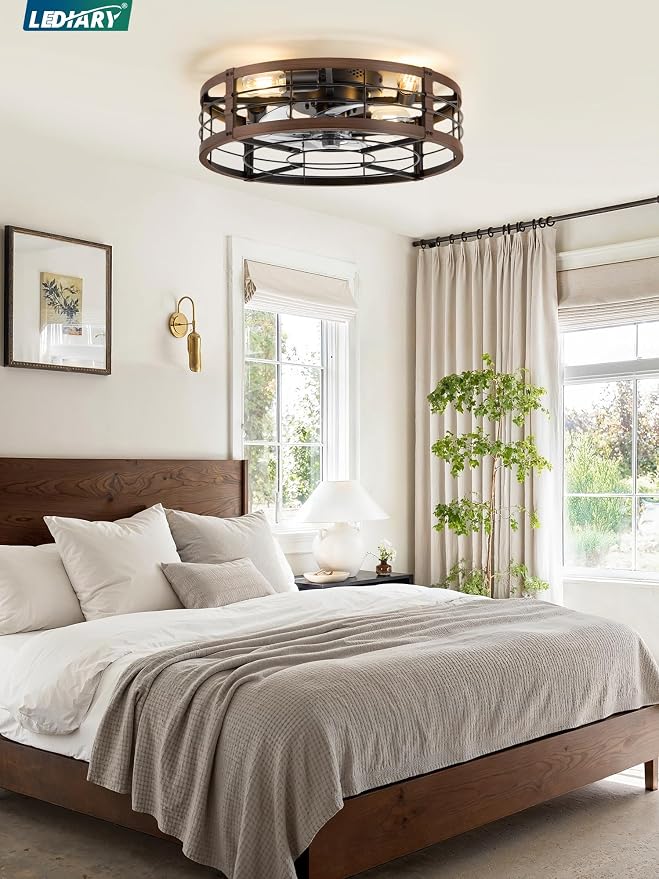 20" Caged Ceiling Fan with Light and Remote, Low Profile Flush Mount Fandelier, Walnut Bladeless Enclosed Small Fan Lights