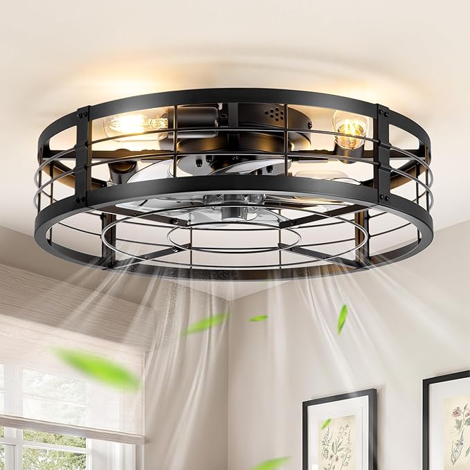 20" Caged Ceiling Fan with Light and Remote, Low Profile Flush Mount Fandelier, Black Bladeless Enclosed Small Fan Lights