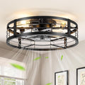 20" Caged Ceiling Fan with Light and Remote, Low Profile Flush Mount Fandelier, Black Bladeless Enclosed Small Fan Lights