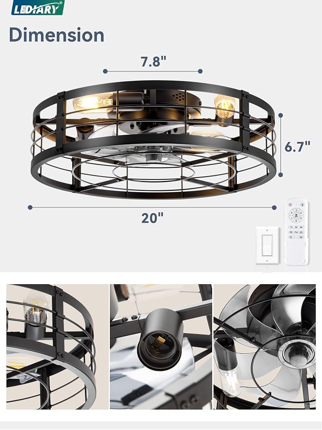 20" Caged Ceiling Fan with Light and Remote, Low Profile Flush Mount Fandelier, Black Bladeless Enclosed Small Fan Lights