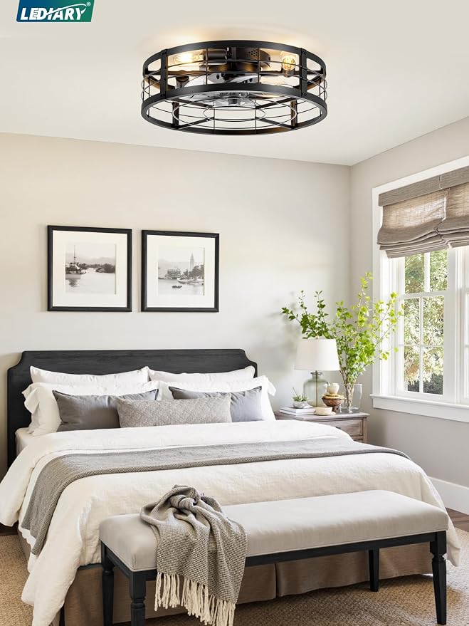 20" Caged Ceiling Fan with Light and Remote, Low Profile Flush Mount Fandelier, Black Bladeless Enclosed Small Fan Lights