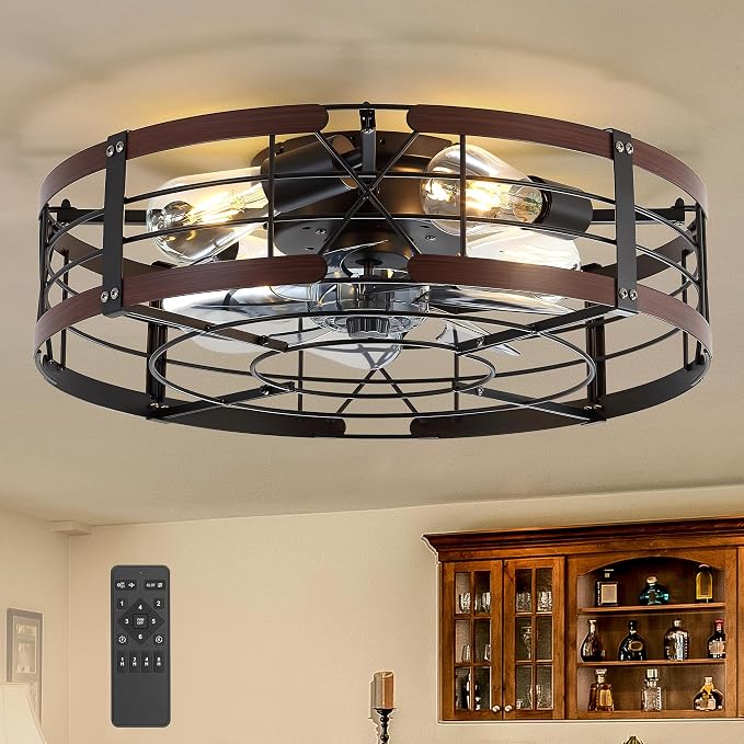 20" Caged Ceiling Fan with Light, Farmhouse Cieling Fan with Quiet DC Motor, Rustic Metal Cage with Wood Grain Accent, Ideal