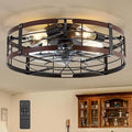 20" Caged Ceiling Fan with Light, Farmhouse Cieling Fan with Quiet DC Motor, Rustic Metal Cage with Wood Grain Accent, Ideal