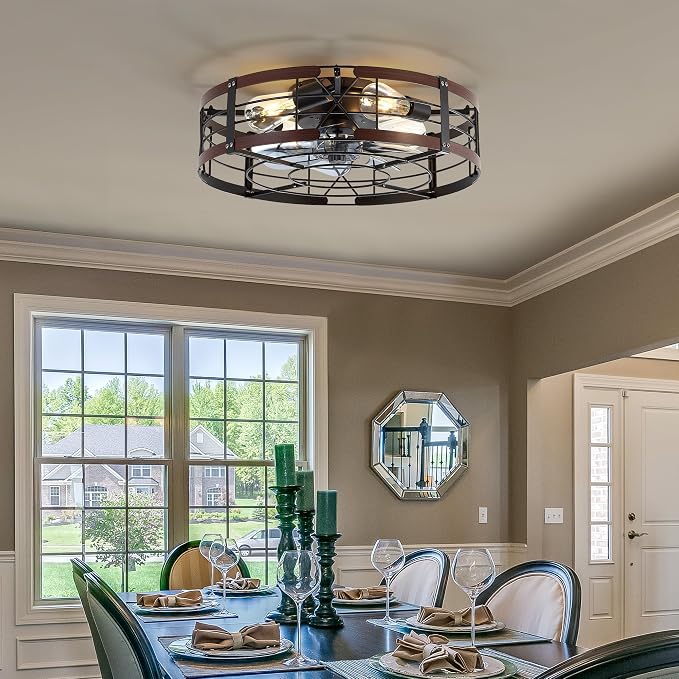 20" Caged Ceiling Fan with Light, Farmhouse Cieling Fan with Quiet DC Motor, Rustic Metal Cage with Wood Grain Accent, Ideal