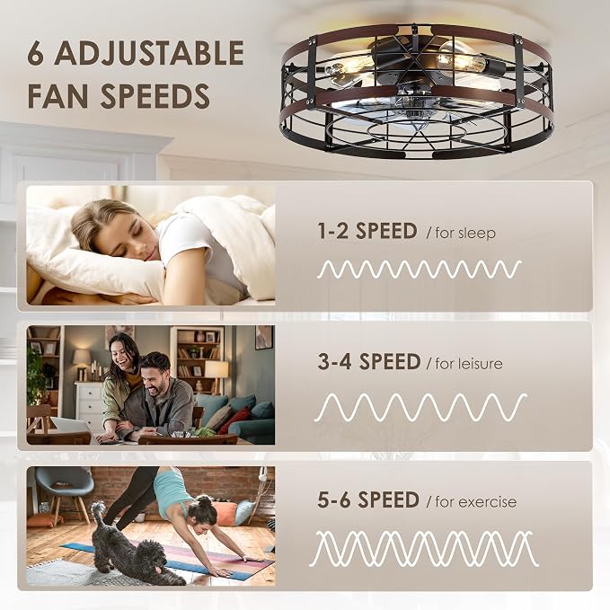 20" Caged Ceiling Fan with Light, Farmhouse Cieling Fan with Quiet DC Motor, Rustic Metal Cage with Wood Grain Accent, Ideal