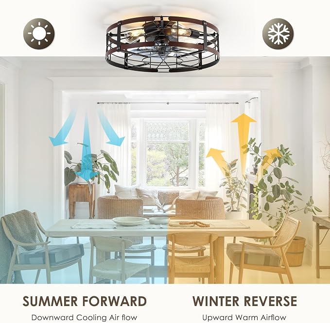 20" Caged Ceiling Fan with Light, Farmhouse Cieling Fan with Quiet DC Motor, Rustic Metal Cage with Wood Grain Accent, Ideal