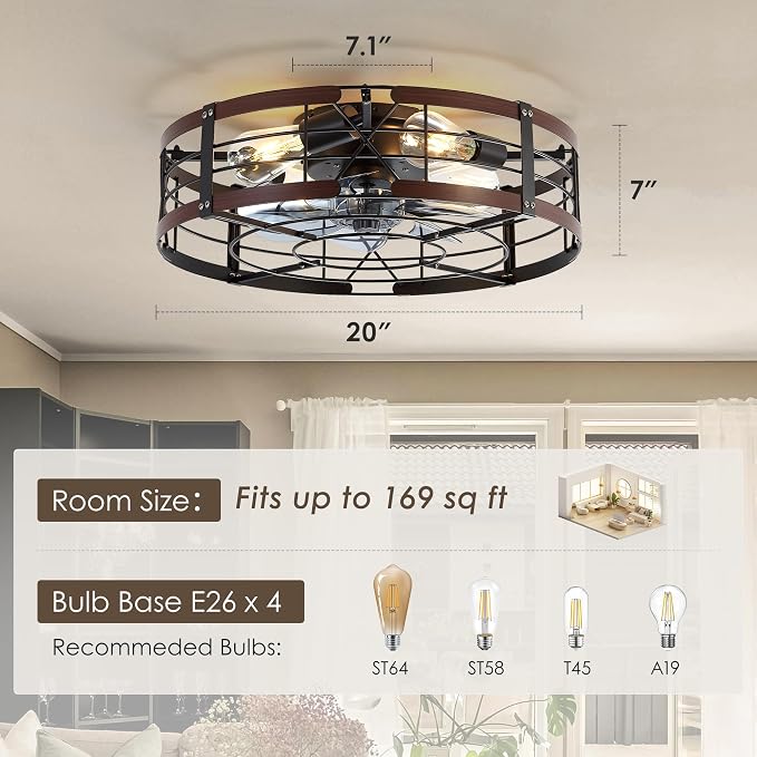 20" Caged Ceiling Fan with Light, Farmhouse Cieling Fan with Quiet DC Motor, Rustic Metal Cage with Wood Grain Accent, Ideal