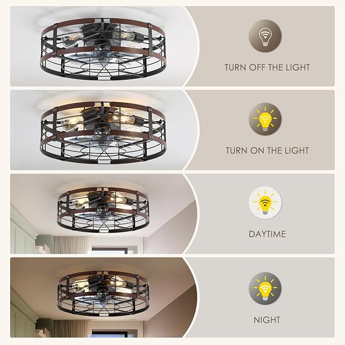 20" Caged Ceiling Fan with Light, Farmhouse Cieling Fan with Quiet DC Motor, Rustic Metal Cage with Wood Grain Accent, Ideal